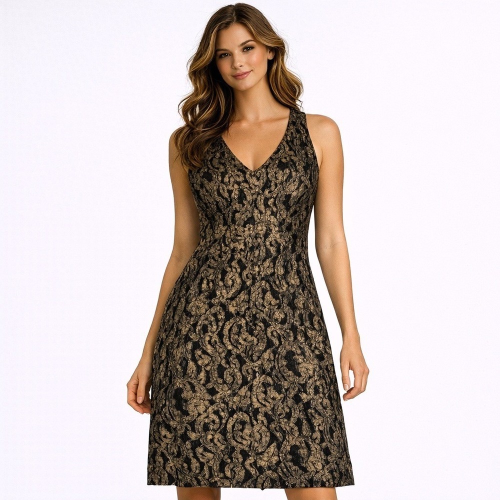 Cache Gold Metallic Lace Halter Dress Black Keyhole Back Cocktail Sheath Size 6